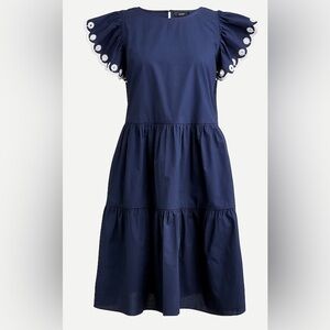 J. Crew Navy Ruffle Embroidered Sleeve Tiered Dress with Pockets Size Small